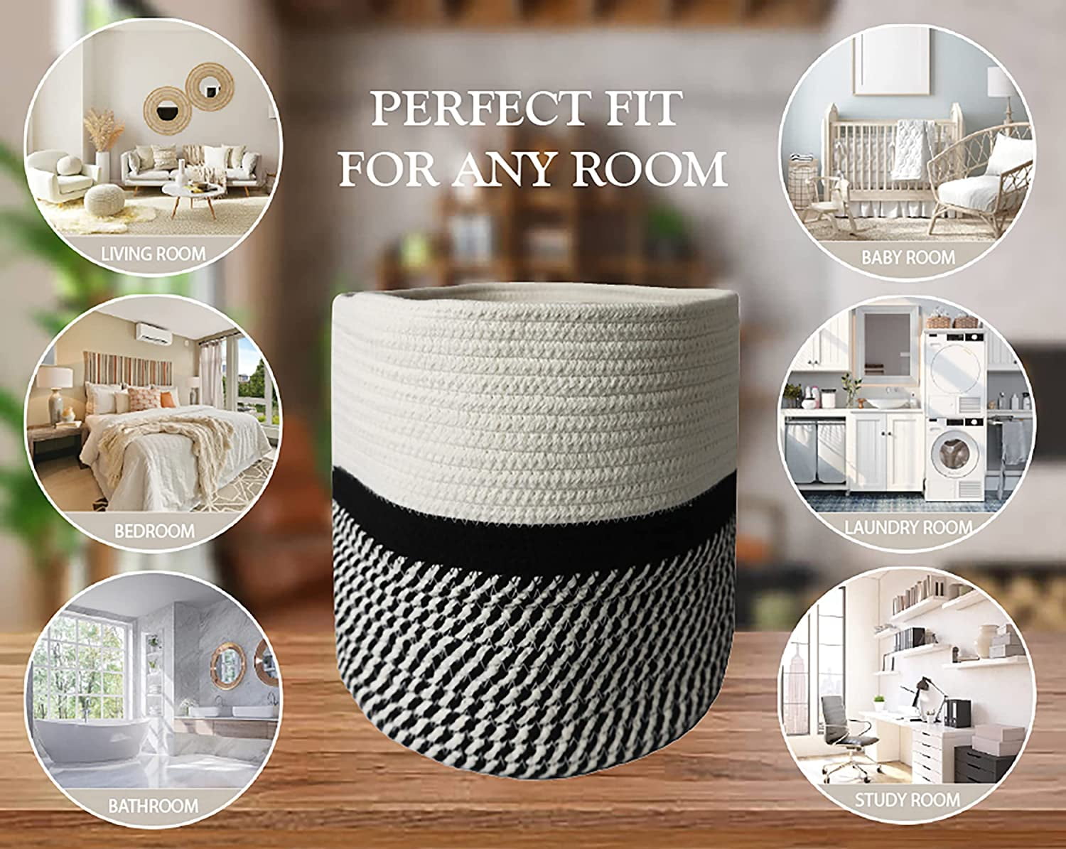 omh ORGANIZE MY HOME Decorative Baskets for Plants| 9- & 11-inch Pots for Indoor Plants | Floor Planter Pot Cover | Rope Plant Basket for Indoor (Small 9" Round, Ivory/Black)