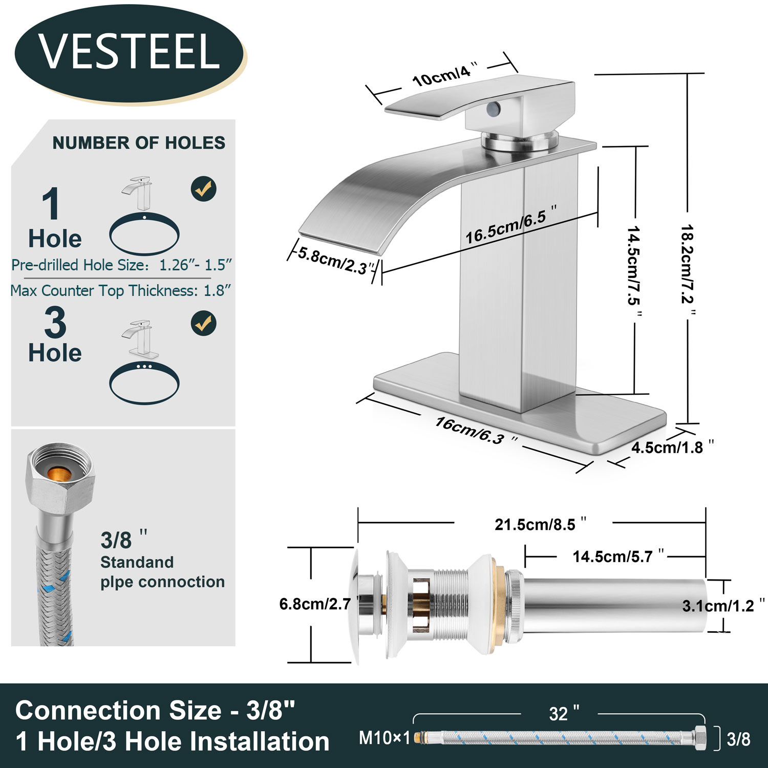 Vesteel Bathroom Faucet, 18/10 Stainless Steel Single Handle Waterfall Spout Bathroom Sink Faucet with Deck Plate and Pop Up Drain