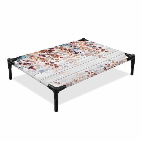 Fall Orange Blue Leaf Elevated Dog Bed Farmhouse Leaves Cooling Breathable Outdoor Raised Dog Cot Bed with Metal Frame Non-Slip Feet for Medium Dog 24x20in
