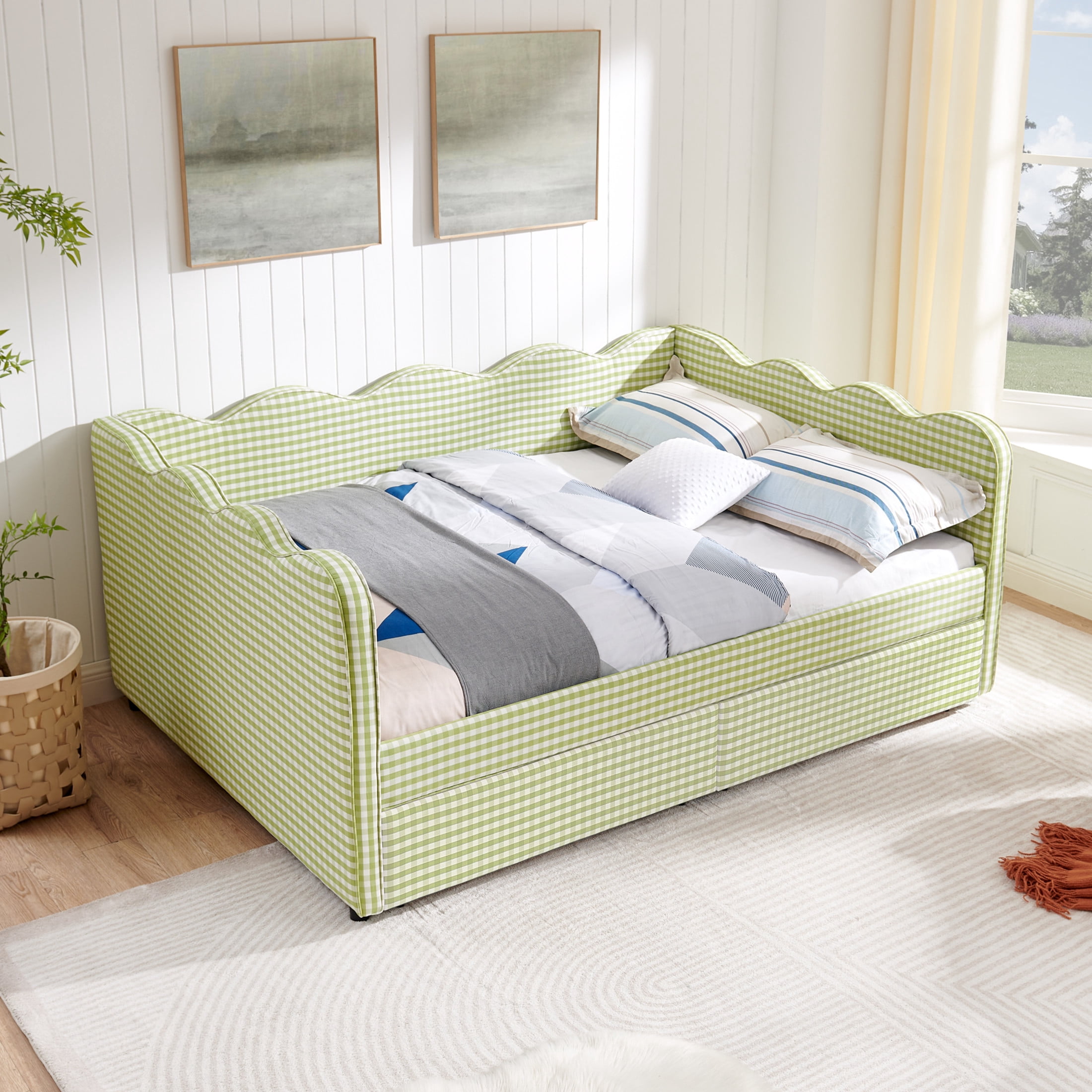 Noble House Corlan Full Size Waved Daybed, Cozy Gingham Linen Sofa Bed with Storage Drawers and Charging Port, Green
