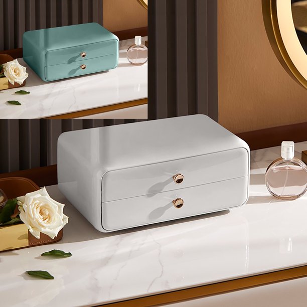 Caja de almacenamiento de escritorio con cajón - Organizador de plástico blanco o verde para oficina, baño, tocador y hogar, 10x7x4,5 pulgadas