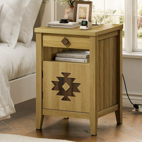 Nightstand with Charging Station and Drawers for Small Space,Wood Nightstand with Storage Cabinet & Drawer & Shelf,Modern and Farmhouse Night Stand for Bedroom,Oak