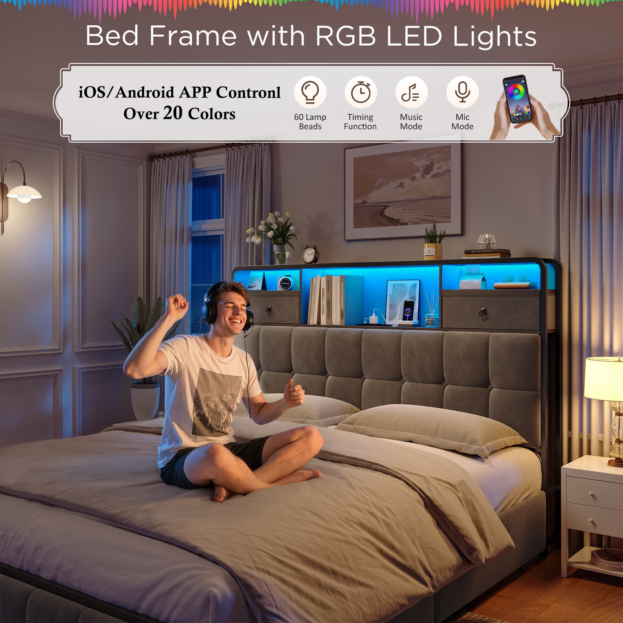 EnHomee Queen Upholstered Bed Frame with Headboard Storage Bed Frame with 4 Storage Drawers & LED Lights Platform Bed frame with Charging Station,Gray