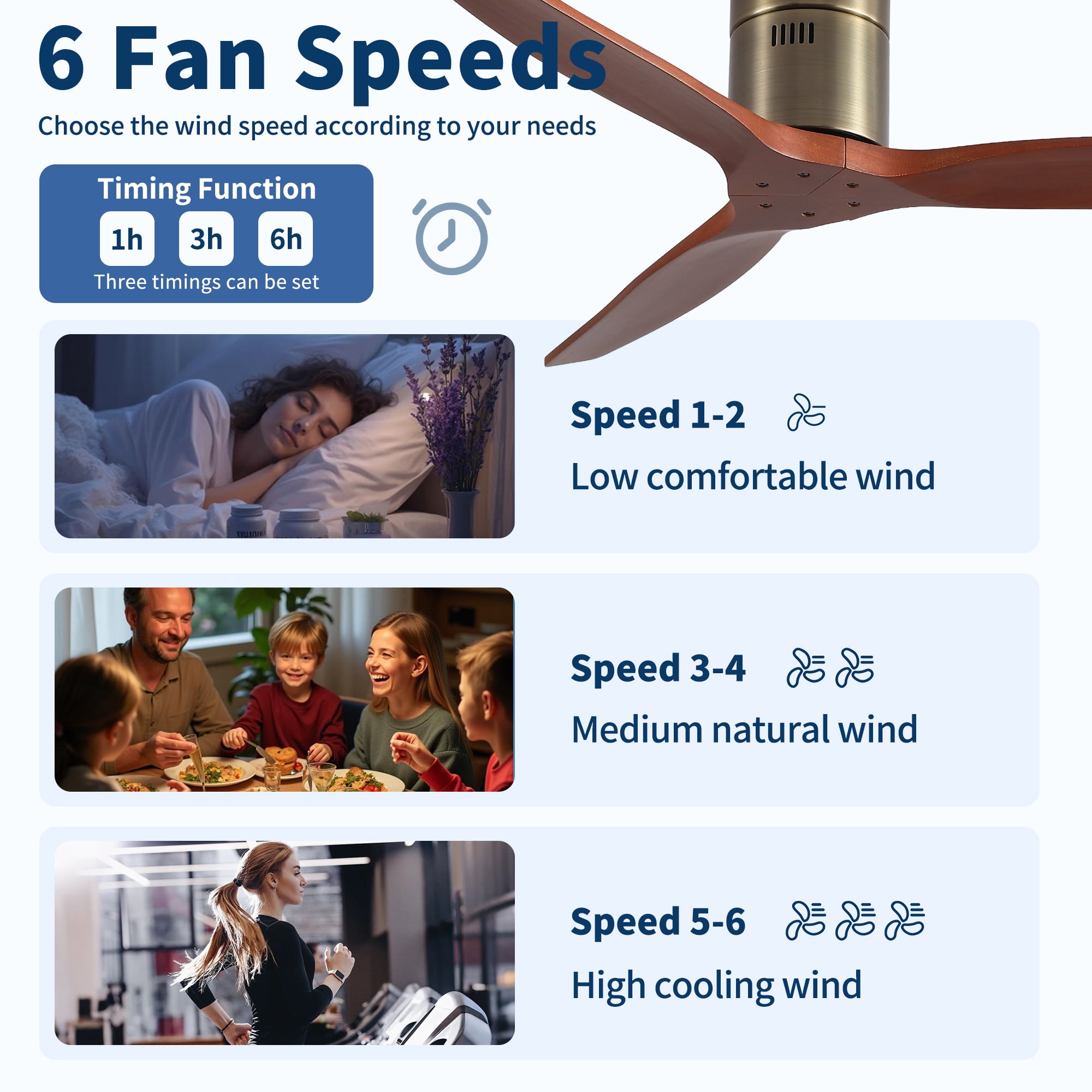 Leumius 52" Farmhouse Rustic Elegance Classical Solid Wood Low Profile Flush Mount Ceiling Fan without Light for Living Room Bedroom