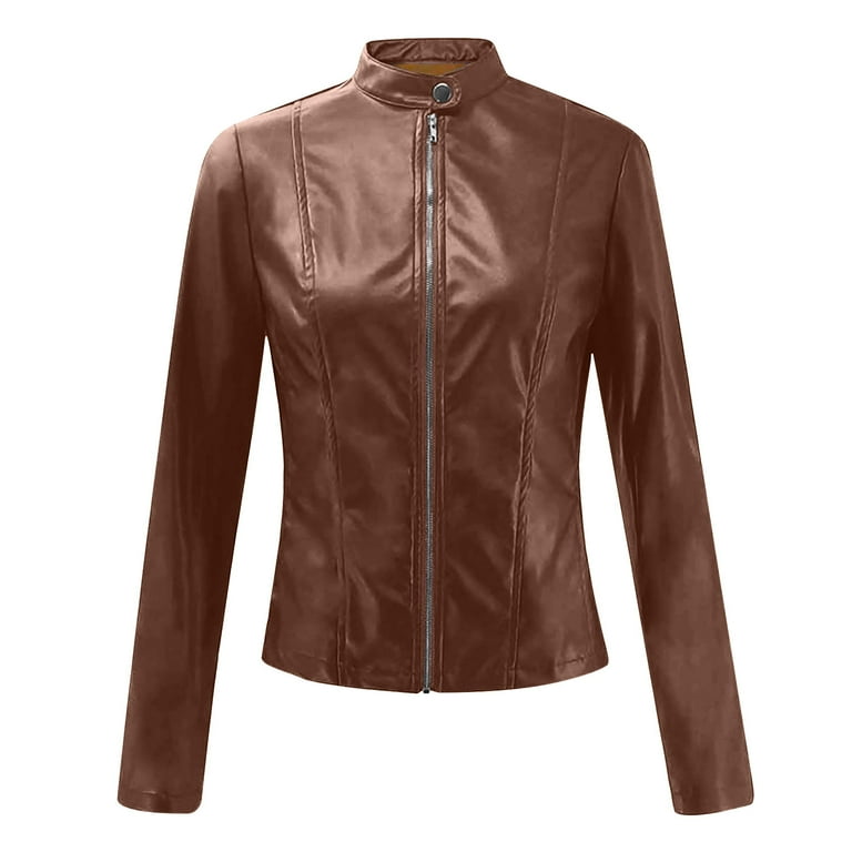 Leather Jacket Women Cropped Jackets Moto Coat Open Front Zip Up