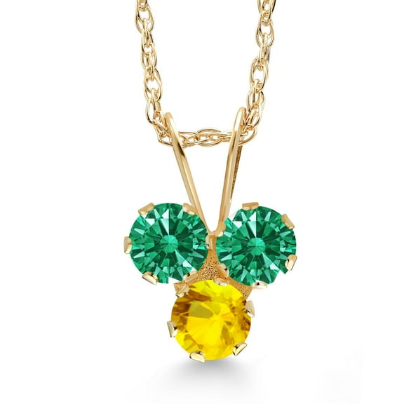 Gem Stone King 14K Yellow Gold Green Zirconia and Yellow Sapphire 3-Stone Pendant Necklace for Women (0.35 Cttw, Gemstone, Round 3MM, 18 inch Chain)