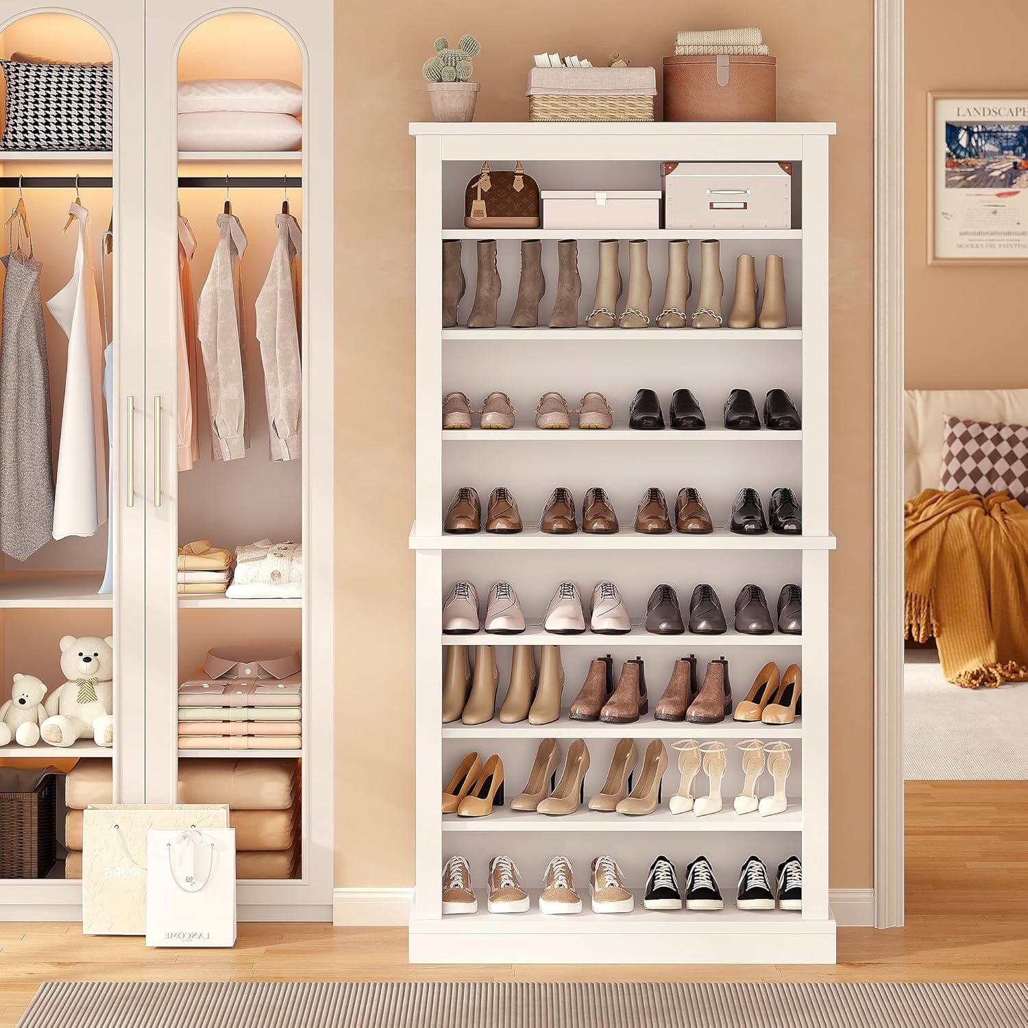71" Tall Freestanding Shoe Cabinet, 9-Tier Adjustable Wood Shoe Rack with Open Storage for Entryway, Hallway & Small Spaces – Modern White Storage Organizer