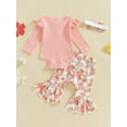 thumbnail image 4 of Suealasg 3Pcs Baby Girl Fall Outfits Set Long Sleeve Ribbed Romper + Floral Print Flare Pants + Headband Set 3 6 12 18 Months Infant Girl Spring Clothes, 4 of 7