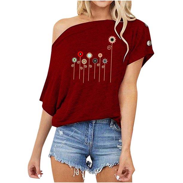 Moda mujer casual manga corta un hombro tops tops estampados blusa Pompotops hfajkhk133118