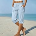 thumbnail image 5 of Cotton Capri Pants for Women Ihhxva Drawstring with Pockets Elastic Waist Button Detail Summer Casual Side Slit Trousers S-2XL, 5 of 8