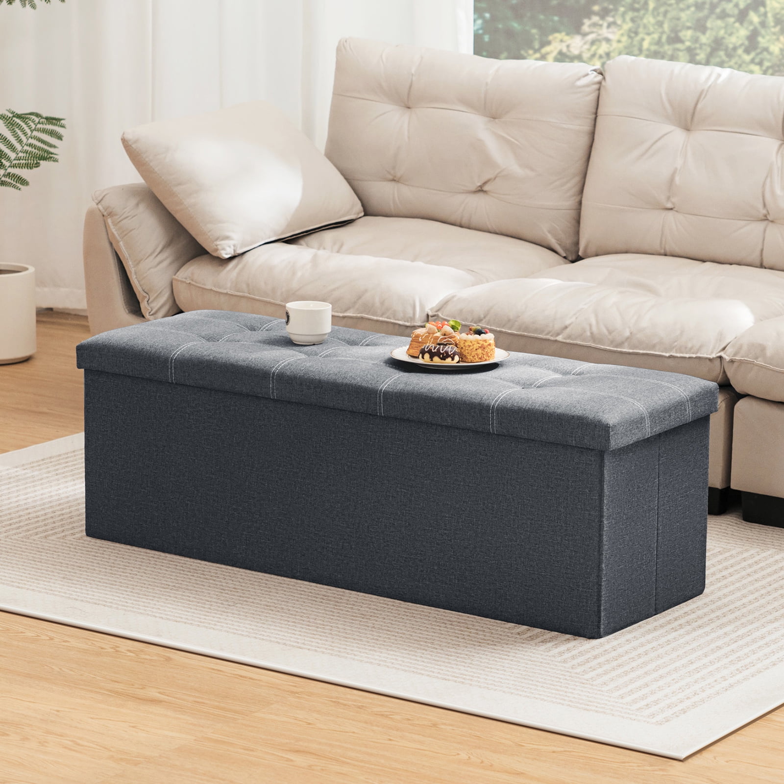 Lusimo 43" Storage Ottoman Bench with Divider, Multifunctional Foot Stool, Toy Chest & Shoe Bench for Bedroom, Living Room, and Entryway, Foldable Storage Chest with Seating, Gray