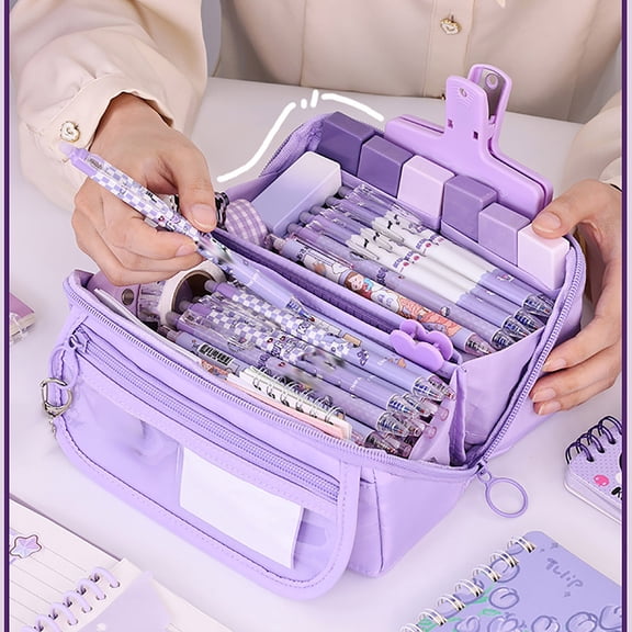 Portable Multi-Layer Pencil Case Organizer - Large Capacity Pencil Case with Compartments - Cute Pencil Pouch Functional Bag (Purple )