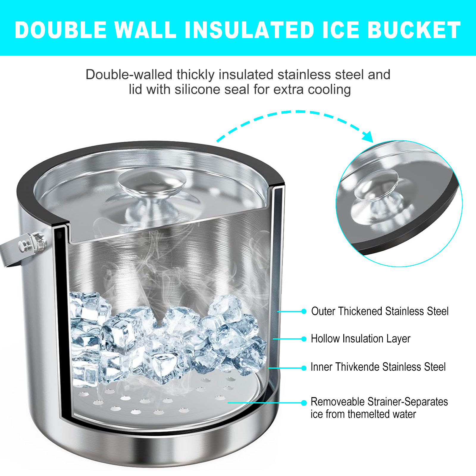 Lzvxtym Stainless Steel Ice Bucket with Lid Strainer Tong 2.0L Double Walled Insulated Ice Bucket Ice Bucket Container for Cocktail Bar Parties