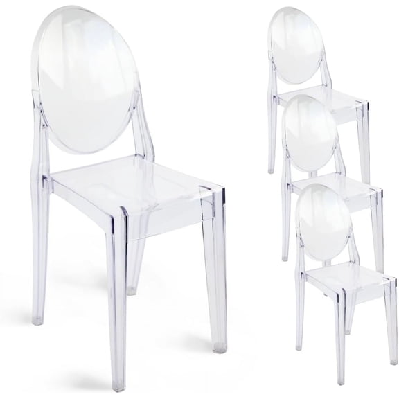 Fohfurniture Set of 4 Clear Ghost Chairs, Modern Transparent Accent Side Chairs, Clear Polycarbonate Dining Room Arm Chairs for Events, Weddings, Banquets