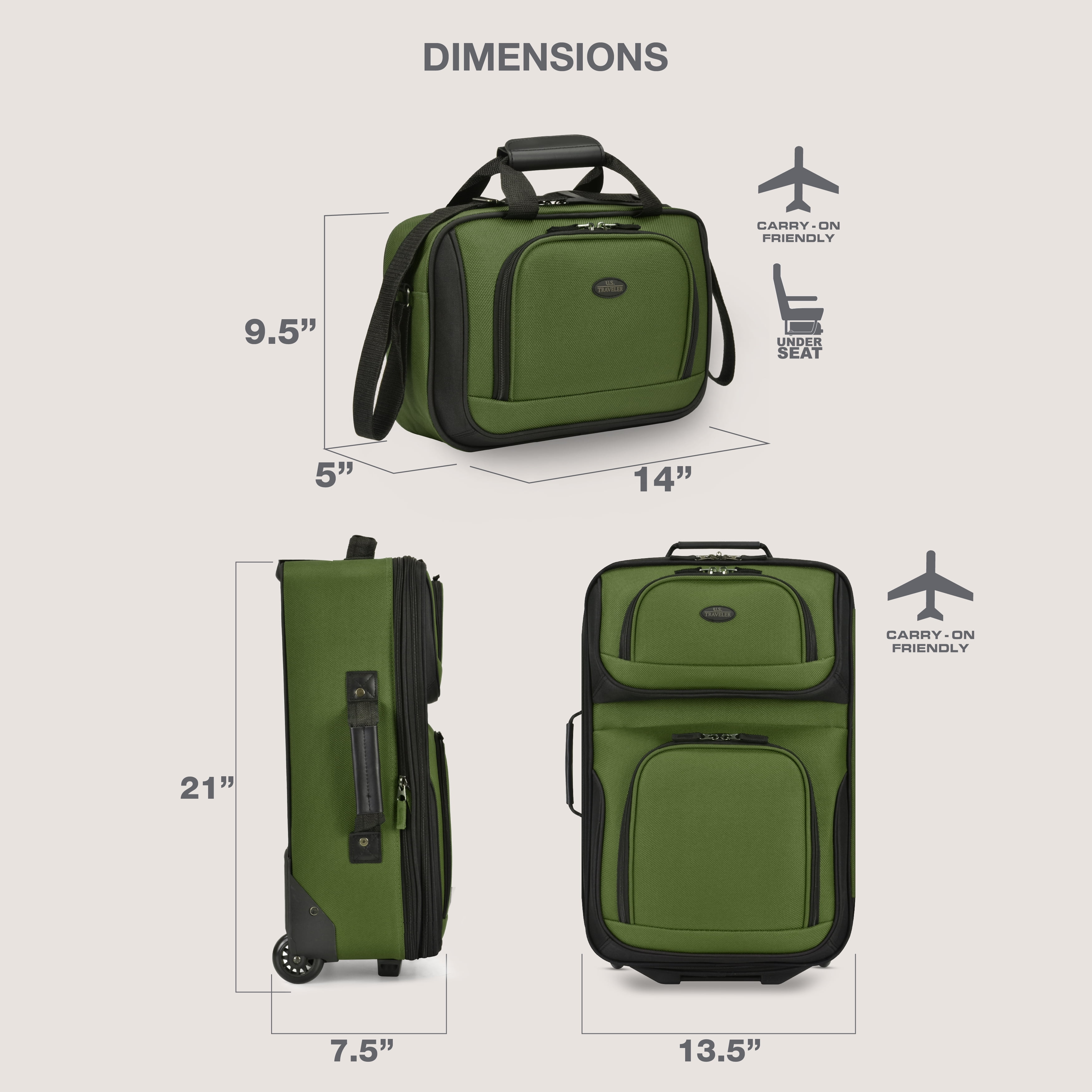 U.S. Traveler Rio Rugged Fabric Expandable Rolling Carry-on Luggage Set w/ Tote, Green, 2-Piece (21/10)