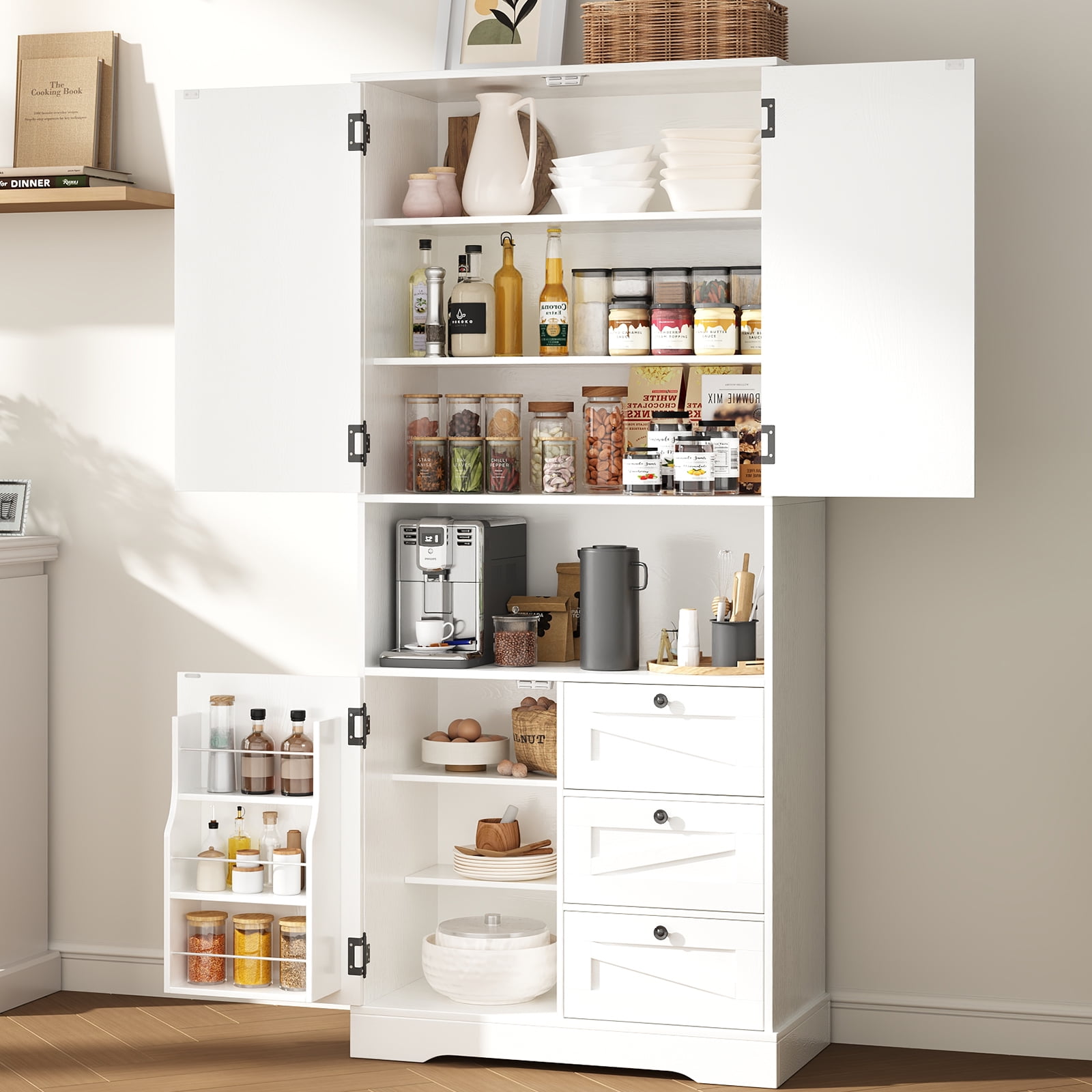 IDEALSOUL Pantry Storage Cabinet, White Kitchen Storage Cabinet with Doors and Shelves, 72”H Pastoral Style Wooden Pantry Cabinet for Kitchen, Living Room, Bathroom