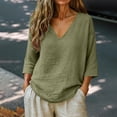 thumbnail image 2 of Linen Shirts for Women V Neck Cotton Linen 3/4 Sleeve Tops for Casual Dressy Summer Outfits Army Green S, 2 of 7
