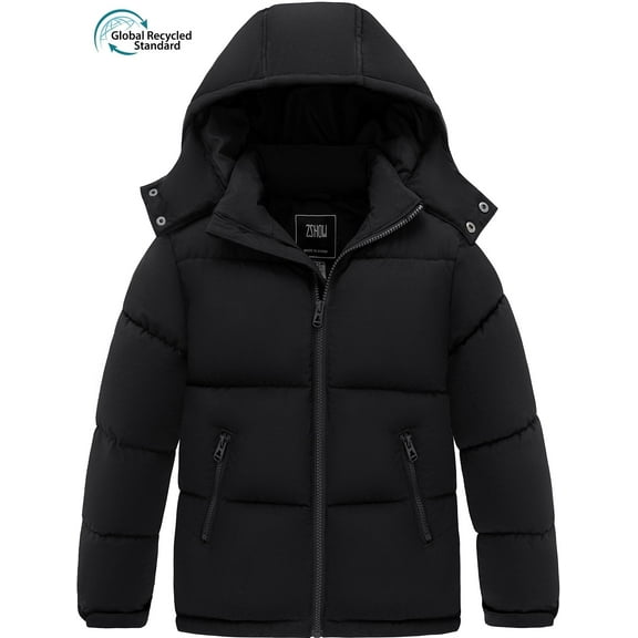ZSHOW Boy's Recycled Winter Coat Insulated Winter Jacket Hooded Puffer Outerwear Jacket Black 10/12