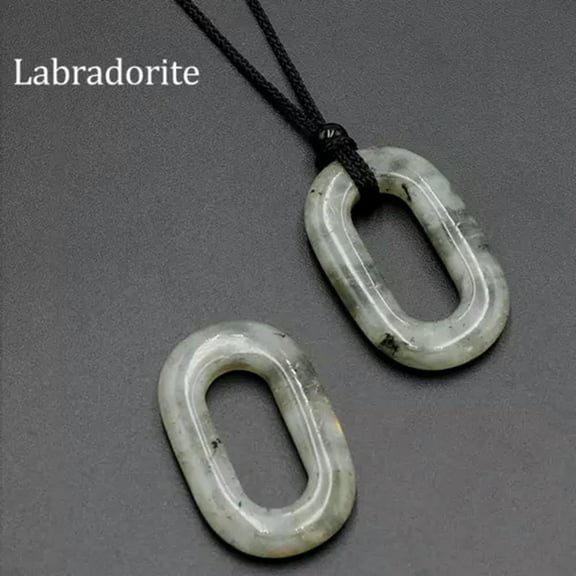 HOOUN Hollowed Oval Necklace Natural Crystal O Shape Gemstone Pendant Carved Handmade-1PC (With Rope)-Labradorite