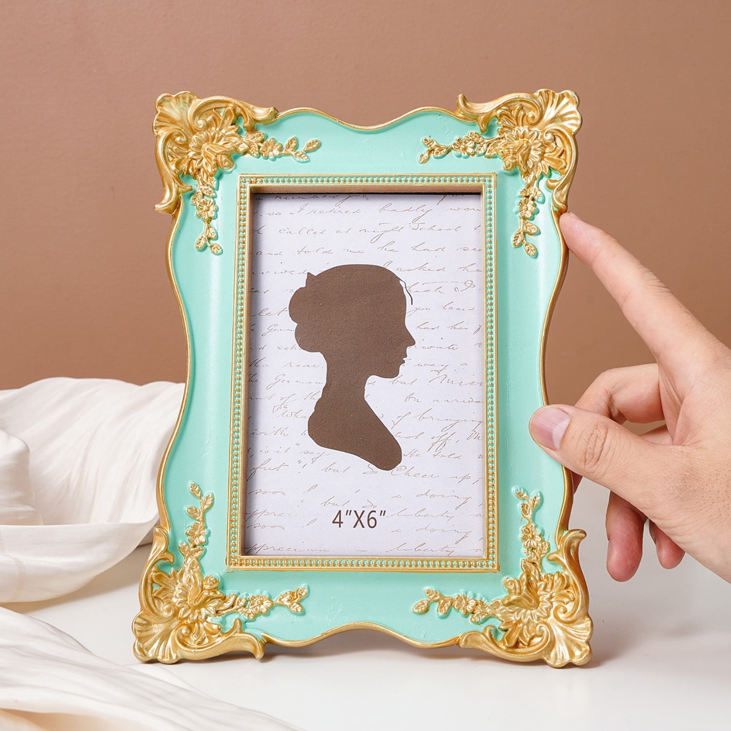 4x6in Vintage Ornate Picture Frame, French Rococo Style Resin Tabletop Photo Frame with Stand, Gold Relief Floral Design, Desktop Decor,Blue