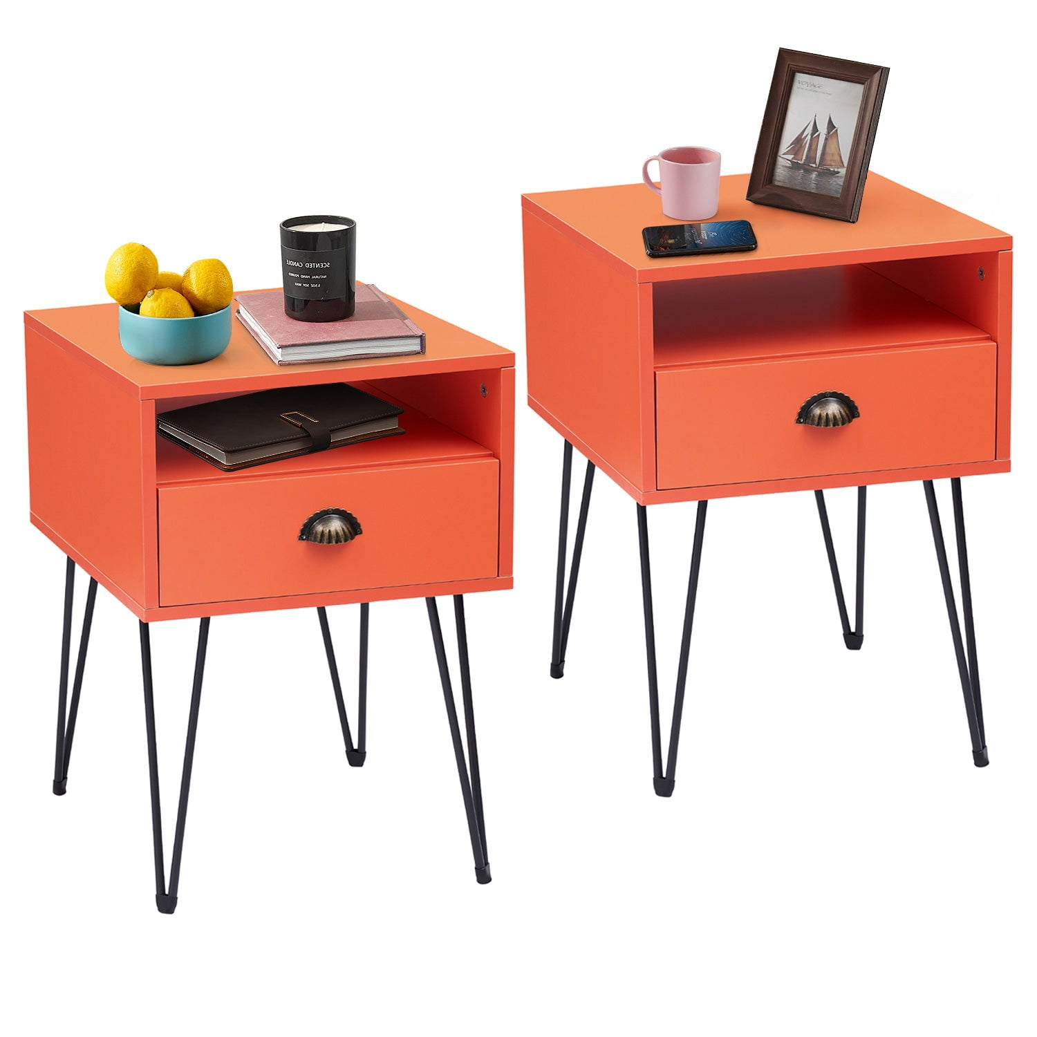 VECELO Set of 2 Nightstand with Drawer and Open Shelf, Modern Side