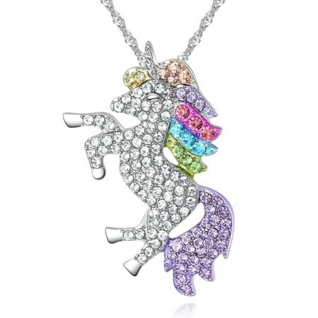 - Colorful Unicorn Pendant Rainbow Crystal Stones Horse Animal Necklace, J-471