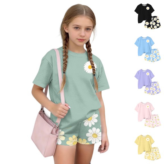Asxite Girls Summer Outfits Casual Print Short Sleeve Round Neck Tee Shorts Set 2 Piece 3-15 Y