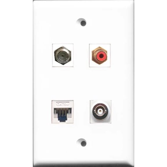 RiteAV 1 Port RCA Red and 1 Port Coax Cable TV- F-Type and 1 Port BNC and 1 Port Cat5e Ethernet White Wall Plate