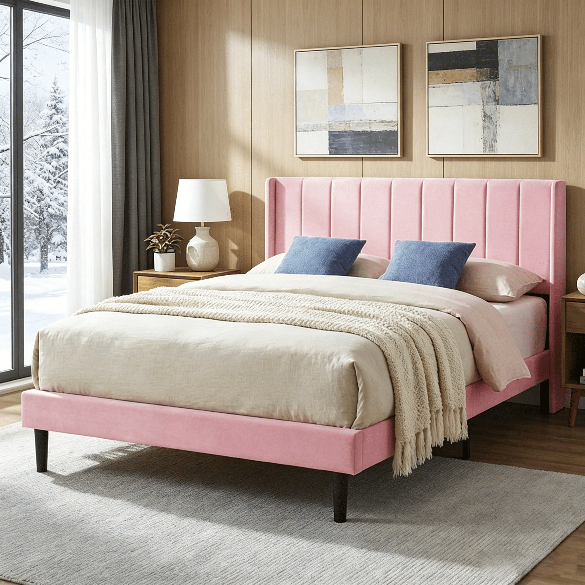 Gewnee Queen Size Velvet Upholstered Platform Bed Frame with Wood Slats,Solid Wood Construction,Under-Bed Storage,No Box Spring Needed.Pink
