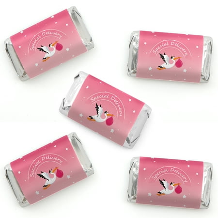 Girl Special Delivery - Mini Candy Bar Wrapper Stickers - It's A Girl Stork Baby Shower Small Favors - 40 Count