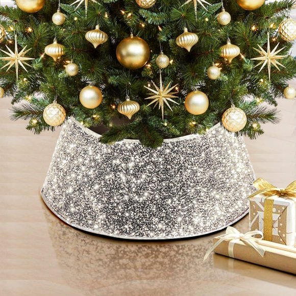 Collar para árbol de Navidad NIBESSER, lentejuelas plateadas con purpurina, 30 cm