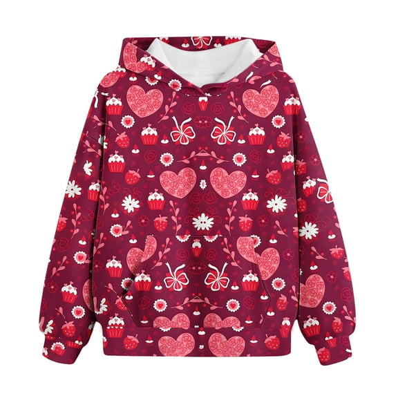 Gpaecead Hoodies for Teen Girls Valentine's Day Heart Printed Pullover Long Sleeve Sweatshirts 8 Years Red