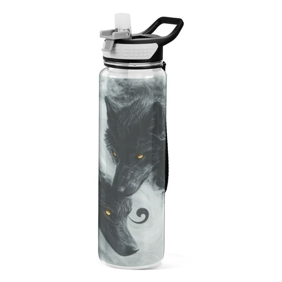 Qxltty Watercolor Style Black Wolf Water Bottle 32 oz with Straw BPA Free Reusable Fitness Sport Bottle Perfect for Travel School Outdoors and Gym