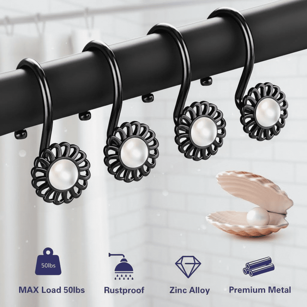 Floral Pearl Finish Shower Curtain Rings and Hooks Set, 12-Piece Matte Black Metal Rings with Hooks for Bathroom Decor