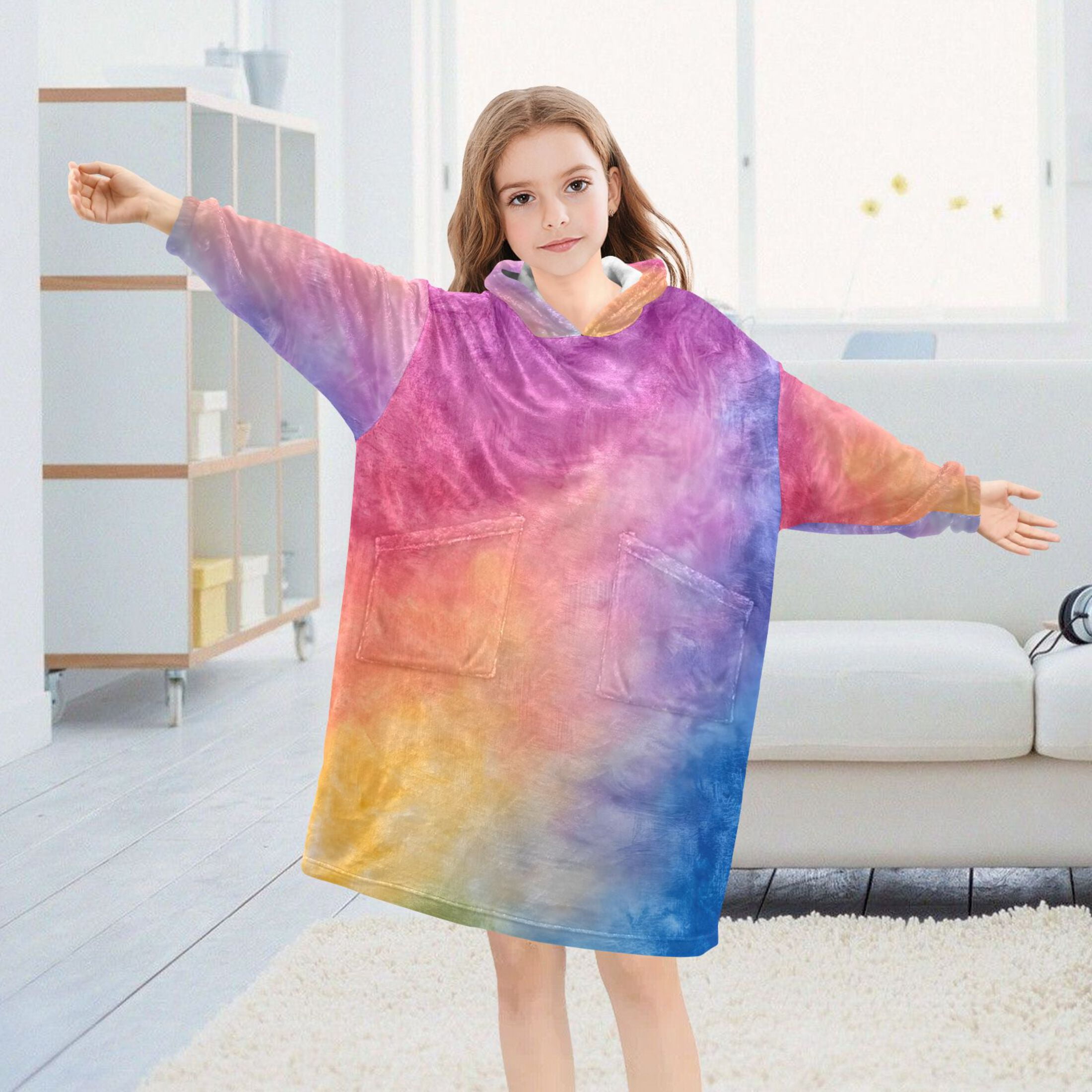 joogoo Wearable Blanket Hoodie Purple Blue Tie Dye for Flannel Sherpa Pocket 3-14 YR S