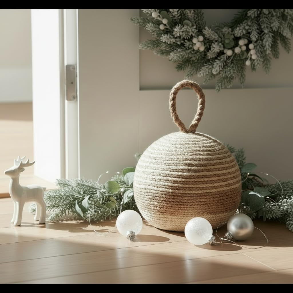 Natural Wicker Door Stopper with Handle, Rustic Farmhouse Decorative Door Stop, Heavy Indoor Doorstop, Nautical Blocker Jammer 6.3''D Sphere Ball Shape (Jute)