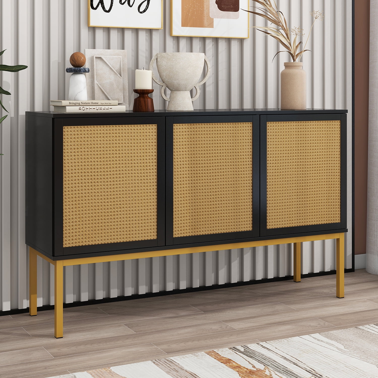 Kepooman 54" Kitchen Sideboard Cabinet, Accent Storage Cabinet with Artificial Rattan Door, Sideboard Buffet Cabinet for Living Room, Black Kepooman 54" Kitchen Sideboard Cabinet, Accent Storage Cabinet with Artificial Rattan Door, Sideboard Buffet Cabinet for Living Room, Black