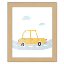 8x10 Framed Nursery Wall Art Hand Drawn Yellow Car Poster in Natural Wood Frames For Kid Bedroom or