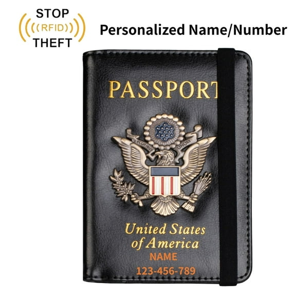 Personalized Name RFID Blocking Passport Holder for Women Men, Leather Passport Travel Wallet with Metal 3D Metal Badge, Travel Document Holder Cover Accessories, Black