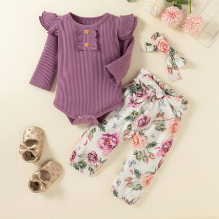 

3pcs/set Baby Girls Outfit Sets Infant Romper Ruffle Floral Pants Headband Cute Toddler Baby Girl Clothes Set(Newborn-24 Months) Purple 12-18 Months