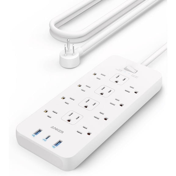 Anker Power Strip with 3 USB Ports, Surge Protector (2100J-5ft), 12 Outlets with 2 USB-A Ports and 1 USB-C Port,Flat Plug, Compatible with iPhone 16/16 Pro/16 Pro Max, for Home,Office, TUV Listed