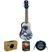 Luna UKE GW SOPRANO Soprano Ukulele with Gigbag, Right Handed, Great Wave Graphic Finish Bundle with Luna Portable 5w Ukulele Amplifier, 10ft Instrument Cable and 2 YR CPS Enhanced Protection Pack