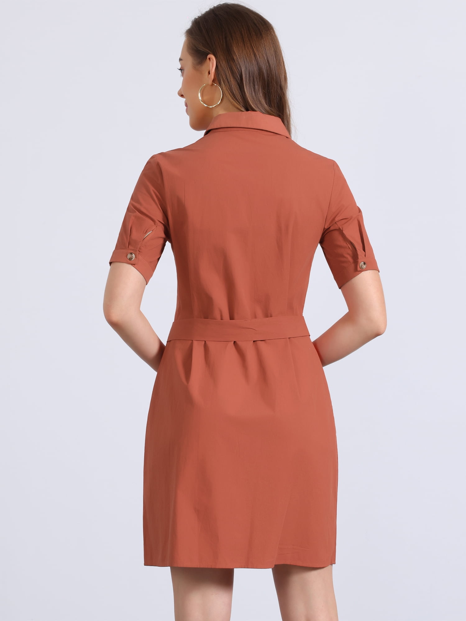 DARING DIVA Collared Short Sleeve Pocket Belt Button up Shirt Dress XS Burnt Orange