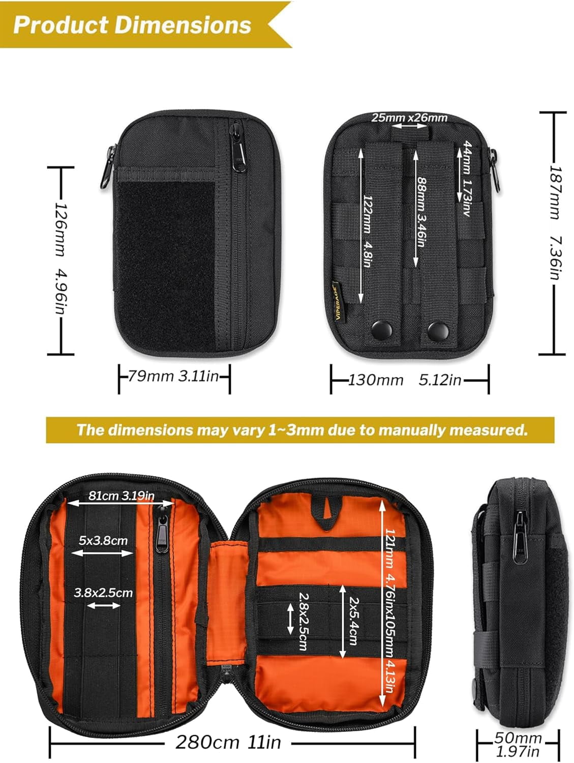 VIPERADE Molle Pouches Small EDC Pouch,Compact Belt Pouch for Men,EDC Pouch Pocket Organiser with Patches Area,Adjustable Molle Backpack Pack Pocket for Camping Bush Craft/Hiking/Traveling