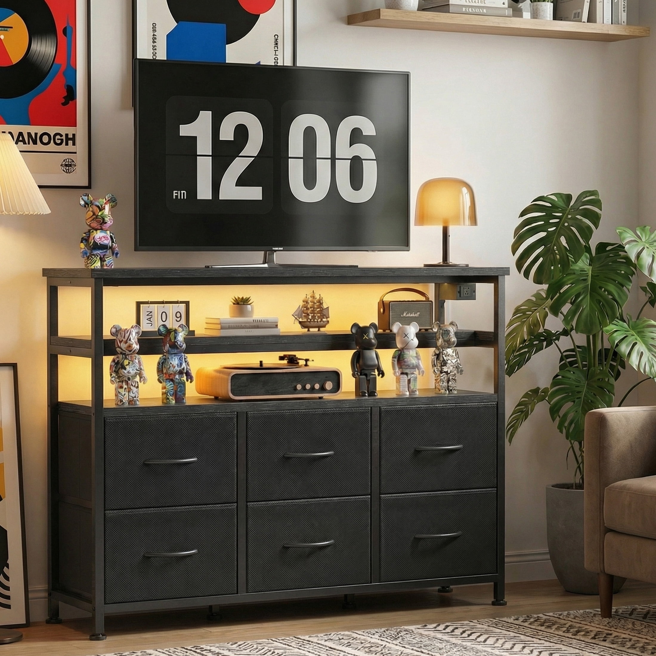 EDX 6-Drawer Fabric Dresser with Power Outlets and LED Light, TV stand for Bedroom, Living Room, Hallway, Black