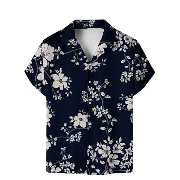 JURANMO Men's Short Sleeve Beach Shirts Floral Print Cuban Collar Shirts Casual Button Down Hawaiian Shirts 2024 Summer Holiday Deals Dark Blue M