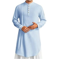 Mens Kaftan Thobe Cotton Linen Henley Shirt Long Sleeve Robe Casual Muslim Gown Kurta Sky Blue S