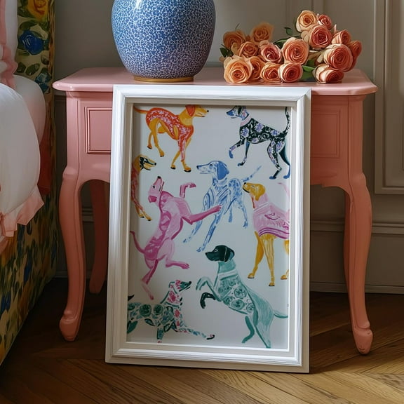 Kna Prints - Wall Art Colorful Dog Print, Floral Pattern Puppy Poster, Dopamine Maximalist Kids Room Nursery Playroom Decor, Living Room Wall Art, UNFRAMED-8x12