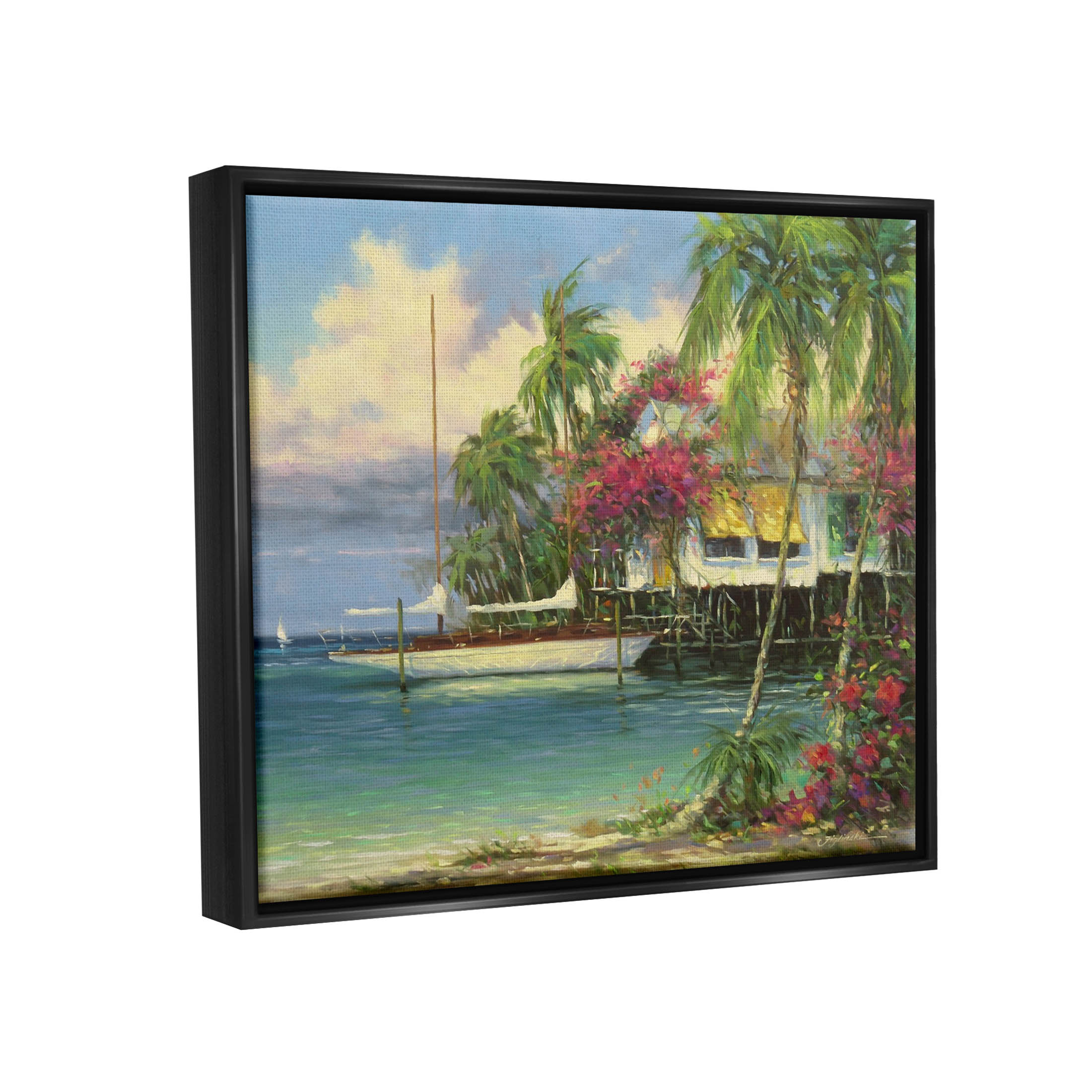 Vacation Waterfront Tropical Pier Coastal Painting Jet Black Framed Art Print Wall Art