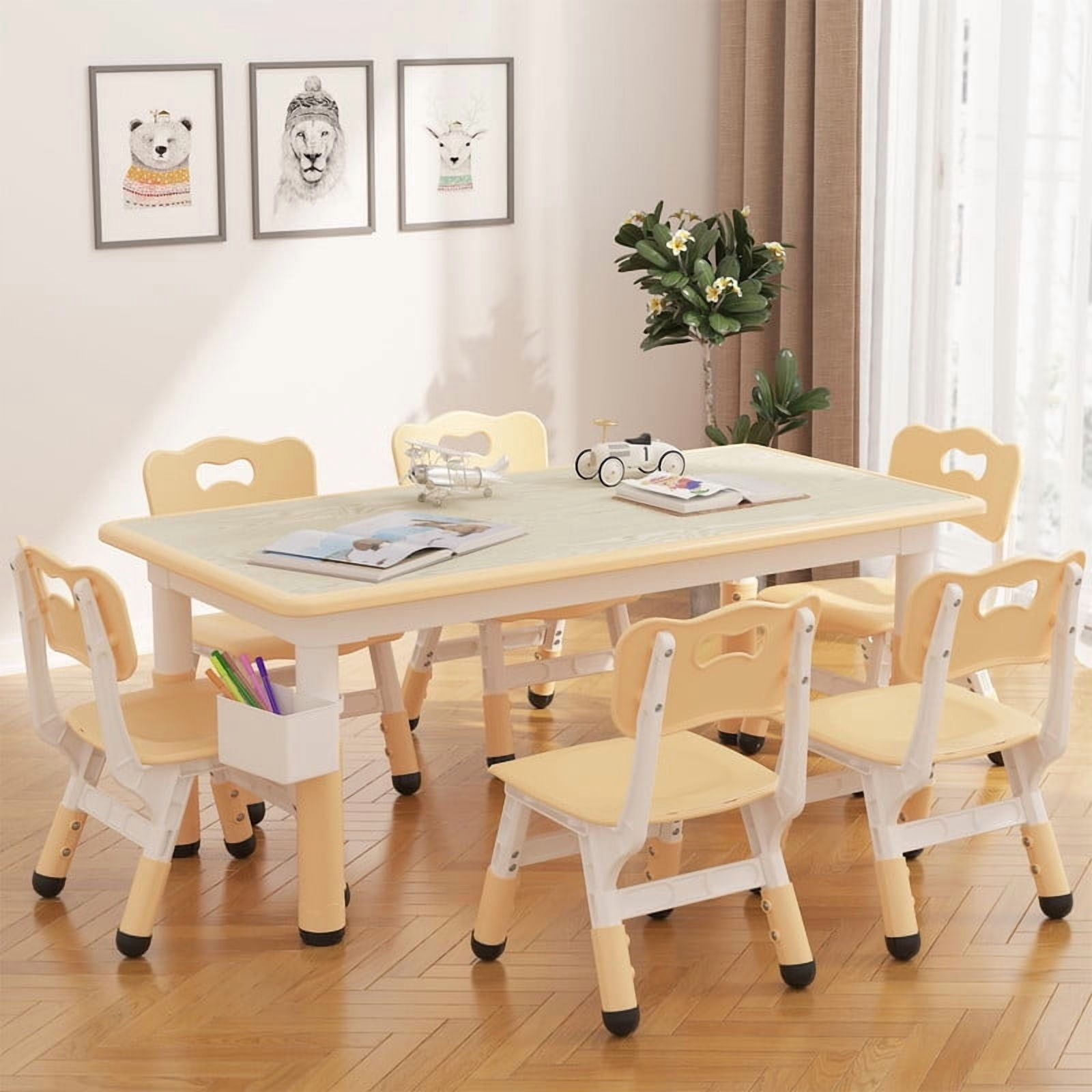 Towallmark 47.2" x 23.6" Kids Table and 6 Chairs Set, Adjustable Height Childrens Table Set for Ages 3-10, Toddler Activity Table with Graffiti Top, Non Slip Legs, 300Lbs Capacity